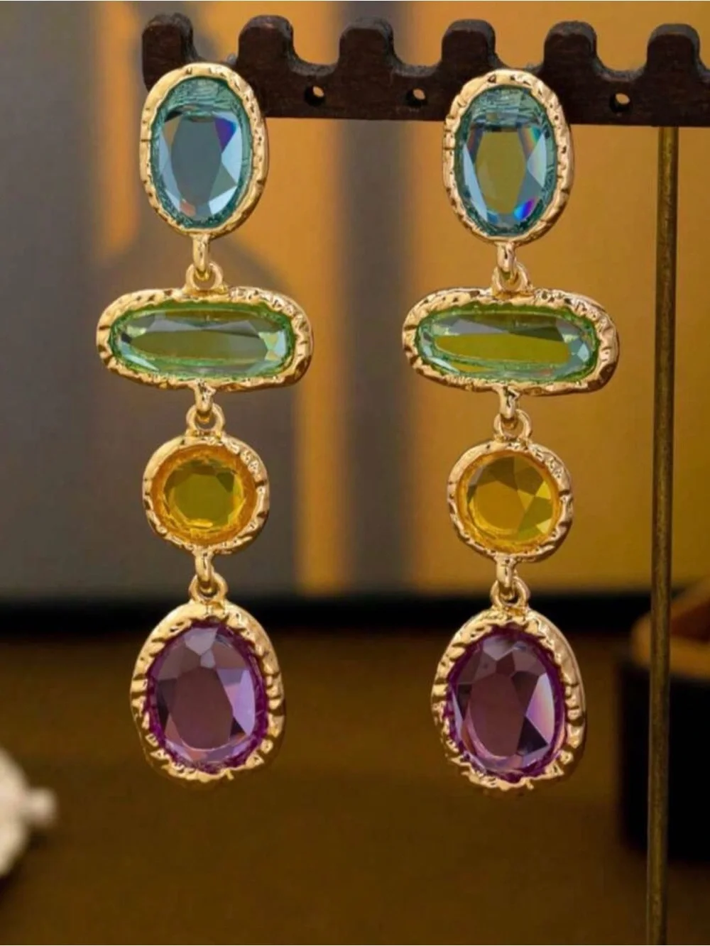 Gold Drop Earrings with Green, Yellow and Purple Stones